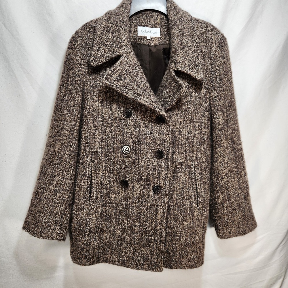 Calvin Klein Womens Brown Tweed Double-Breasted Coat Size 16 Wool Blend‎
